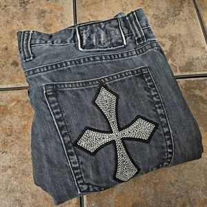 Helix Mens Bootcut Jeans Faded Black Cross Embroidered Distressed 36x34 (36x33)